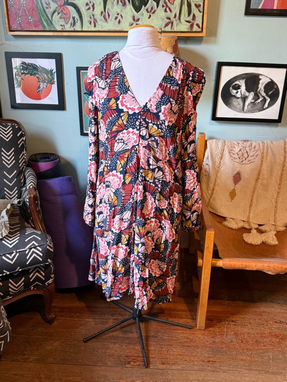 Boden Floral V-Neck Long Sleeve Swing Dress - Pink & Navy